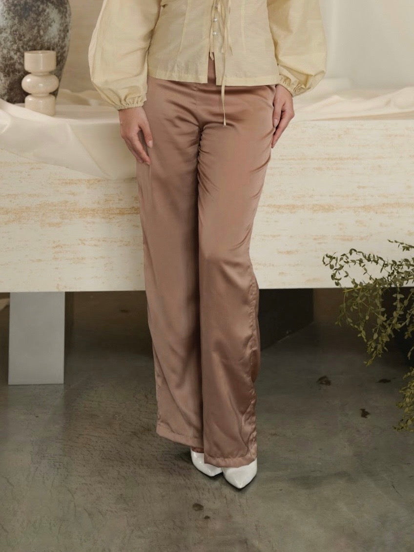 Zyra Satin Trousers in Brown Peony