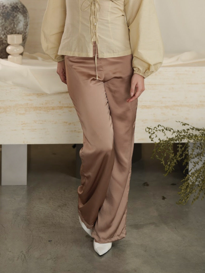 Zyra Satin Trousers in Brown Peony